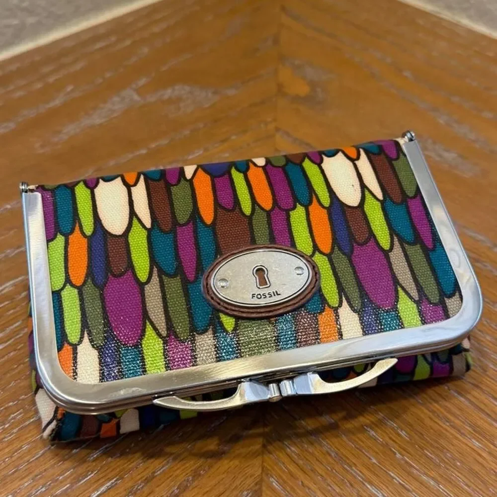 NWT Vintage Fossil Multicolored Pattern Cosmetic Case Bag with Mirror